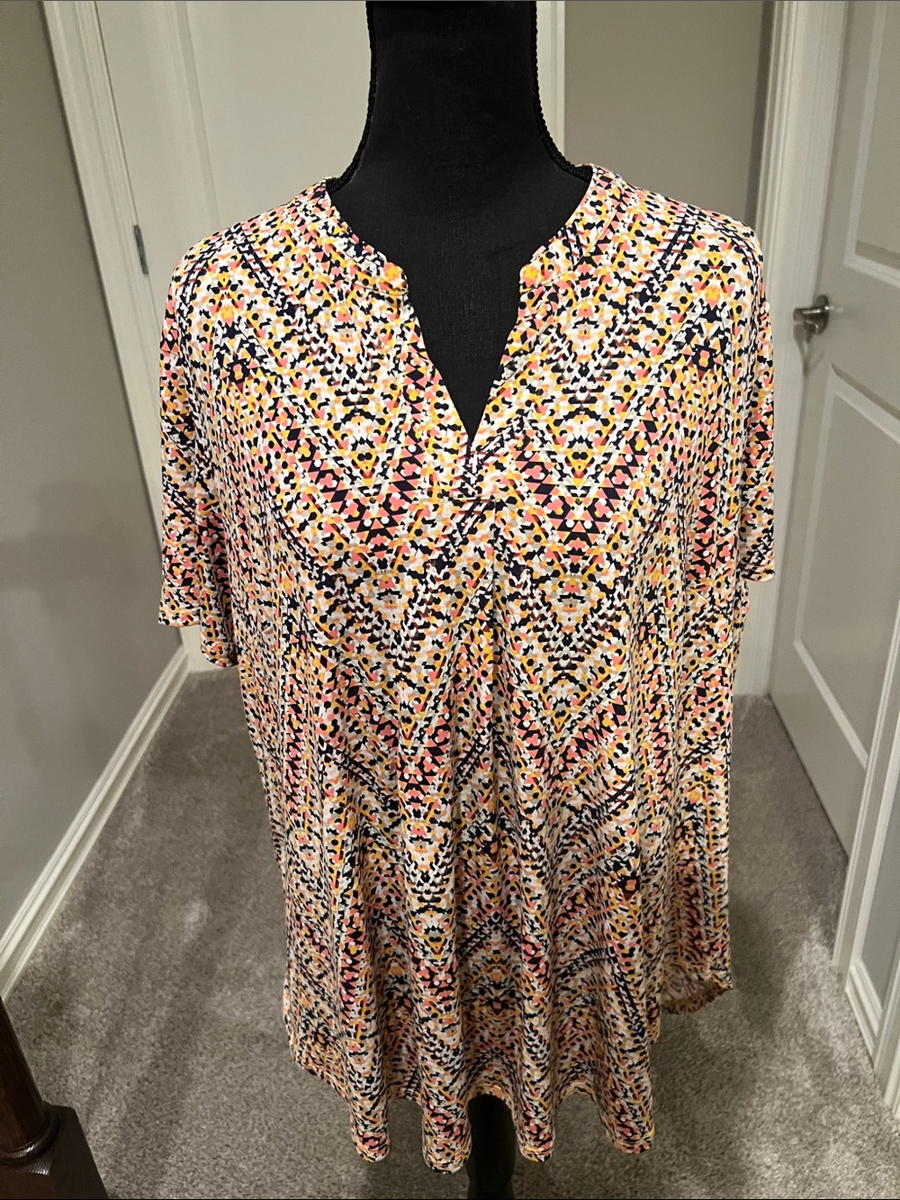 Cato Short Sleeve Tunic Top - Pink, Yellow & Black Geometric Size 18/20W